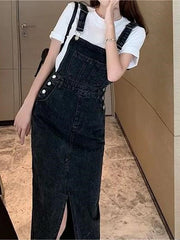 Retro Slim Slit Design Suspenders Skirt