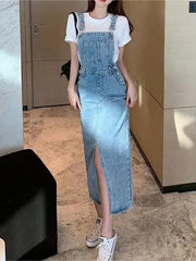 Retro Slim Slit Design Suspenders Skirt