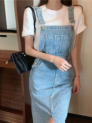 Retro Slim Slit Design Suspenders Skirt