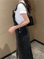 Retro Slim Slit Design Suspenders Skirt