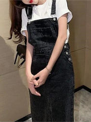 Retro Slim Slit Design Suspenders Skirt