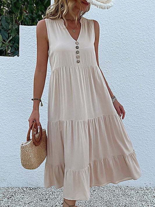 Button Detail Layered Hem Smock Dress