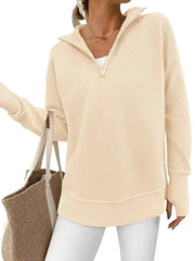 Women's Half Zip Oversized Ribbed Knit Pullover Sweater (Buy 2 Free Shipping )