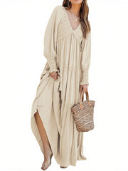 Women's Long Sleeve V Neck Boho Flowy Maxi Dresses