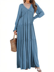 Women's Long Sleeve V Neck Boho Flowy Maxi Dresses