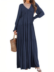 Women's Long Sleeve V Neck Boho Flowy Maxi Dresses