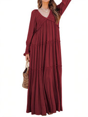 Women's Long Sleeve V Neck Boho Flowy Maxi Dresses
