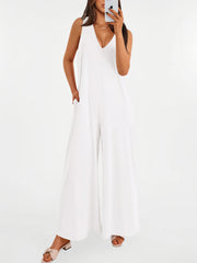 Women's Casual Wide Strap Sleeveless Tank Top V Neck Wide Leg Jumpsuit