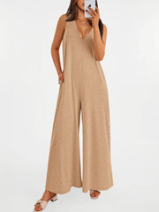Women's Casual Wide Strap Sleeveless Tank Top V Neck Wide Leg Jumpsuit