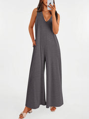 Women's Casual Wide Strap Sleeveless Tank Top V Neck Wide Leg Jumpsuit