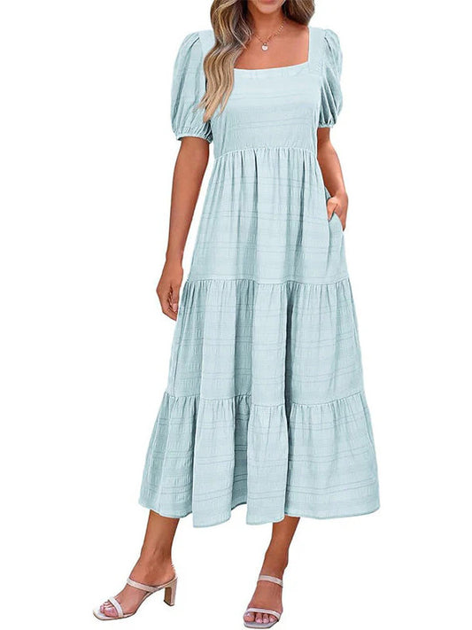 Puff Sleeve Smocked Flowy Midi Dress