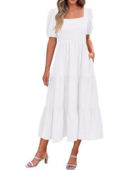 Puff Sleeve Smocked Flowy Midi Dress