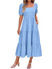 Puff Sleeve Smocked Flowy Midi Dress
