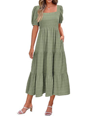Puff Sleeve Smocked Flowy Midi Dress