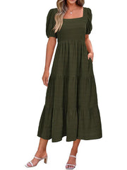 Puff Sleeve Smocked Flowy Midi Dress