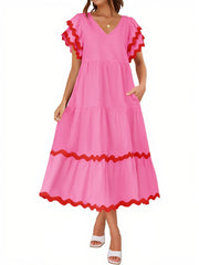 Women's V Neck Flutter Short Sleeve Tiered Long Dress