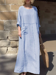 Round Neck Cotton and Linen Long Sleeve Casual Dress