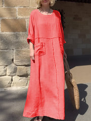 Round Neck Cotton and Linen Long Sleeve Casual Dress