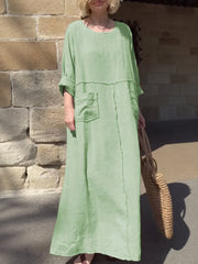 Round Neck Cotton and Linen Long Sleeve Casual Dress
