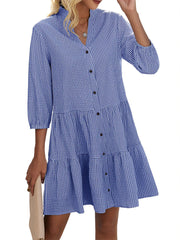 Women's Button Down 3/4 Sleeve Gingham Shirt Dress