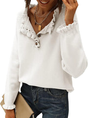 Women's Casual Knitted Button Ruffle Pullover Sweater