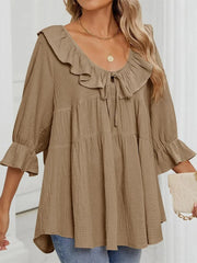 Women's 3/4 Sleeve Tie-Front Ruffled Babydoll Blouse