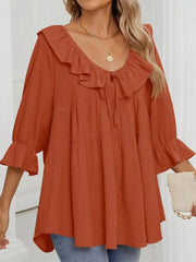 Women's 3/4 Sleeve Tie-Front Ruffled Babydoll Blouse