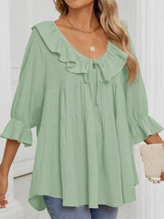 Women's 3/4 Sleeve Tie-Front Ruffled Babydoll Blouse