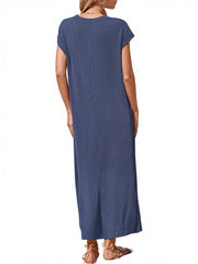 Women's Ribbed Henley Button Up Split Long Dress