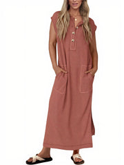 Women's Ribbed Henley Button Up Split Long Dress