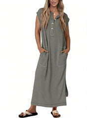Women's Ribbed Henley Button Up Split Long Dress