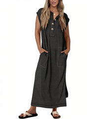 Women's Ribbed Henley Button Up Split Long Dress