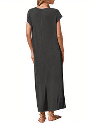 Women's Ribbed Henley Button Up Split Long Dress
