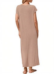 Women's Ribbed Henley Button Up Split Long Dress