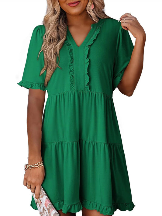 Women's V Neck Short Sleeve Casual A Line Flowy Swing Dress