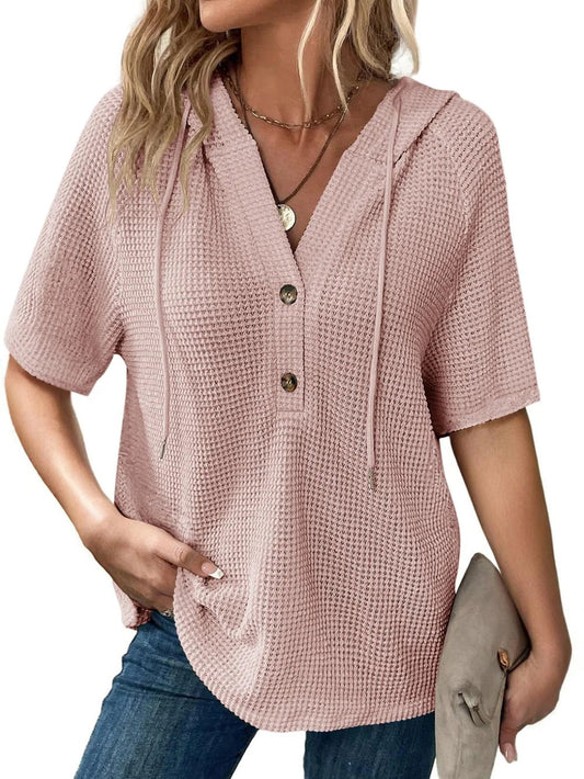 Women's Waffle Knit Button V Neck Short Sleeve Hoodie