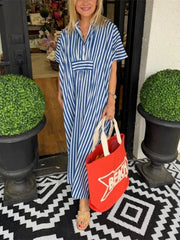 Women's V Neck Striped Shirt Dress