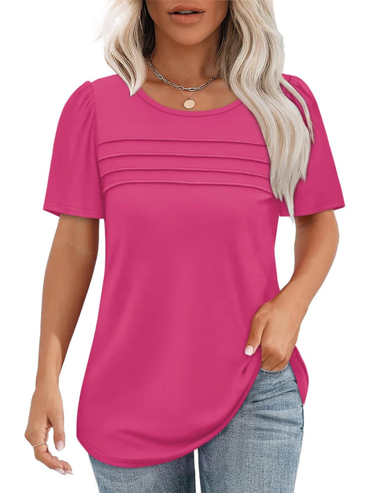 Women's Short Sleeve Pleated Front Scooped Neck T-shirts
