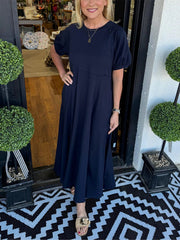Women's Solid Puff Sleeve Long Dress With Pockets