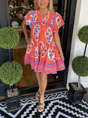 Women's V-neck Puff Sleeve Printed Short Dress