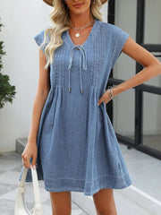 Women's V-neck Pleated Denim Dress with Pockets