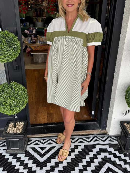 Women's V Neck Puff Sleeve Striped Shirt Dress