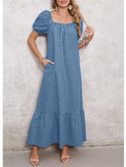 Women's Square Neck Puff Sleeve Plaid Maxi Dress
