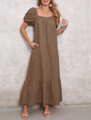 Women's Square Neck Puff Sleeve Plaid Maxi Dress
