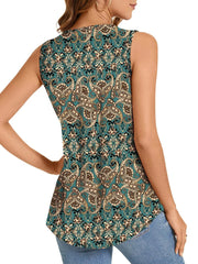 Summer Printed Pleated Sleeveless Tank Top for Women