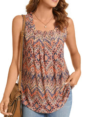 Summer Printed Pleated Sleeveless Tank Top for Women