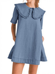 Women's Casual Ruffle Lapel Babydoll Denim Dress