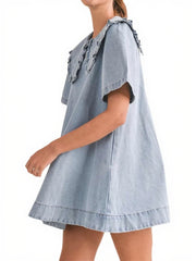 Women's Casual Ruffle Lapel Babydoll Denim Dress