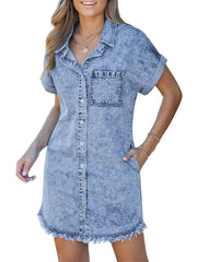 Women's Button Down Raw Edge Denim Shirt Dress
