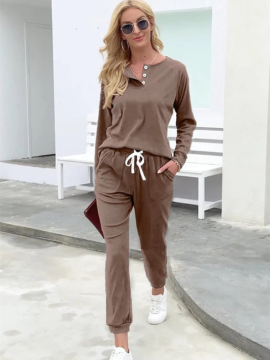Women's Casual Long Sleeve Button Sports Two-Piece Suit with Pockets